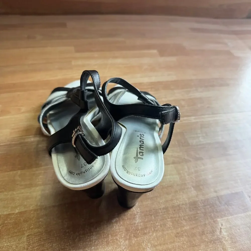 Tamaris Black & Silver Strappy Leather Slingback Sandals - Size 37 (US 6.5)
